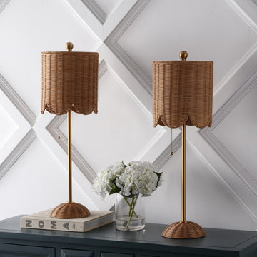 Celerie 27.5" Coastal Bohemian Rattan/Iron Scalloped Buffet LED Table Lamps with Pull Chain (Set of 2)